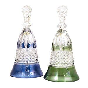 Set of 2 1970s-era Pressed Glass Bells - Purple & Green Painted Bases - Vintage
